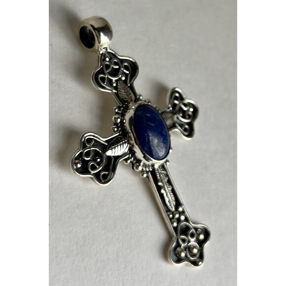 Handcrafted Oval Lapis Lazuli Cut Gemstone Cross 925 Sterling Silver - Picture 13 of 16